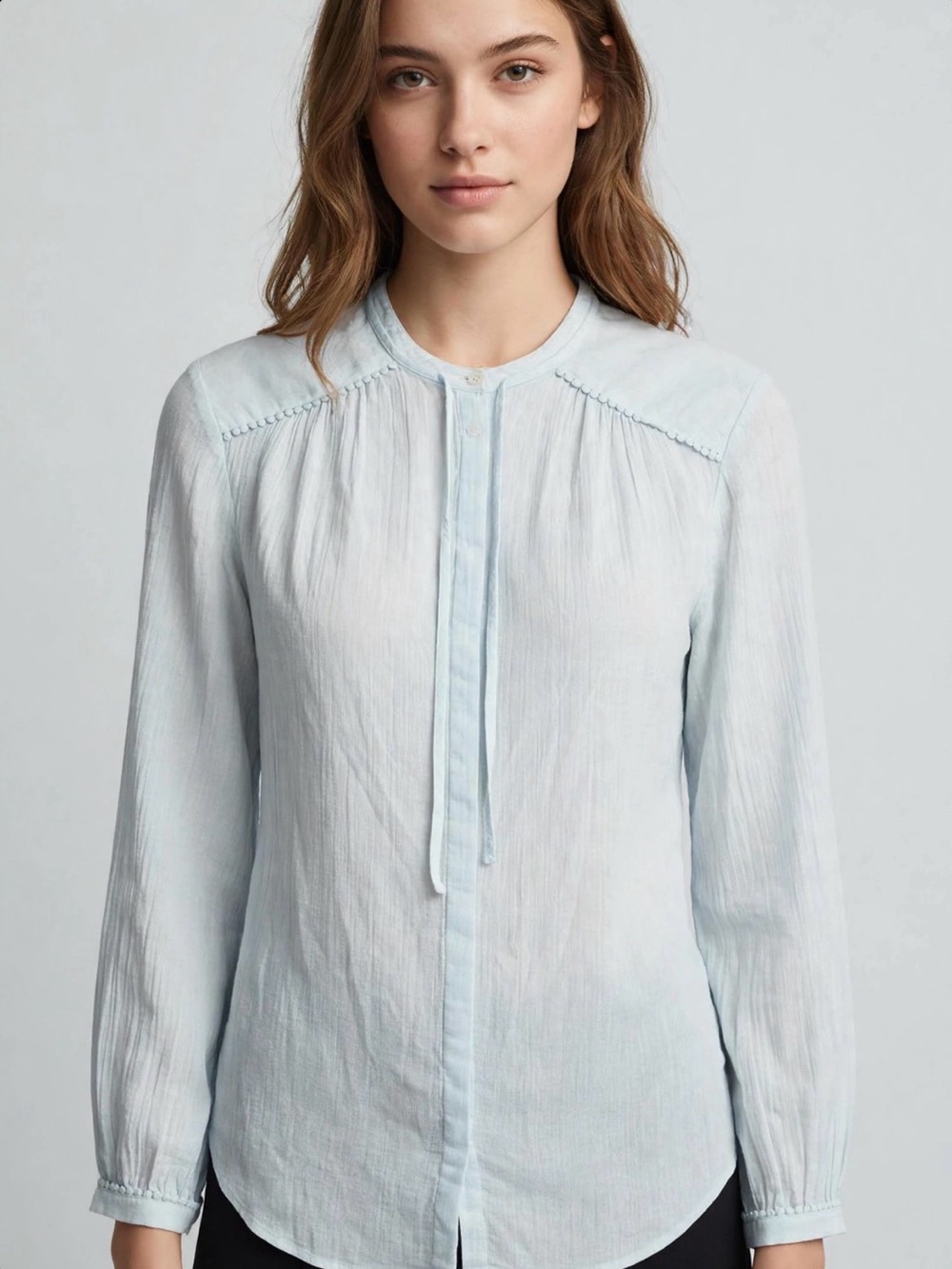 CLOSED Light Blue Gauze Blouse Pom Pom Yoke Long Sleeve Tie Neck Boho Size